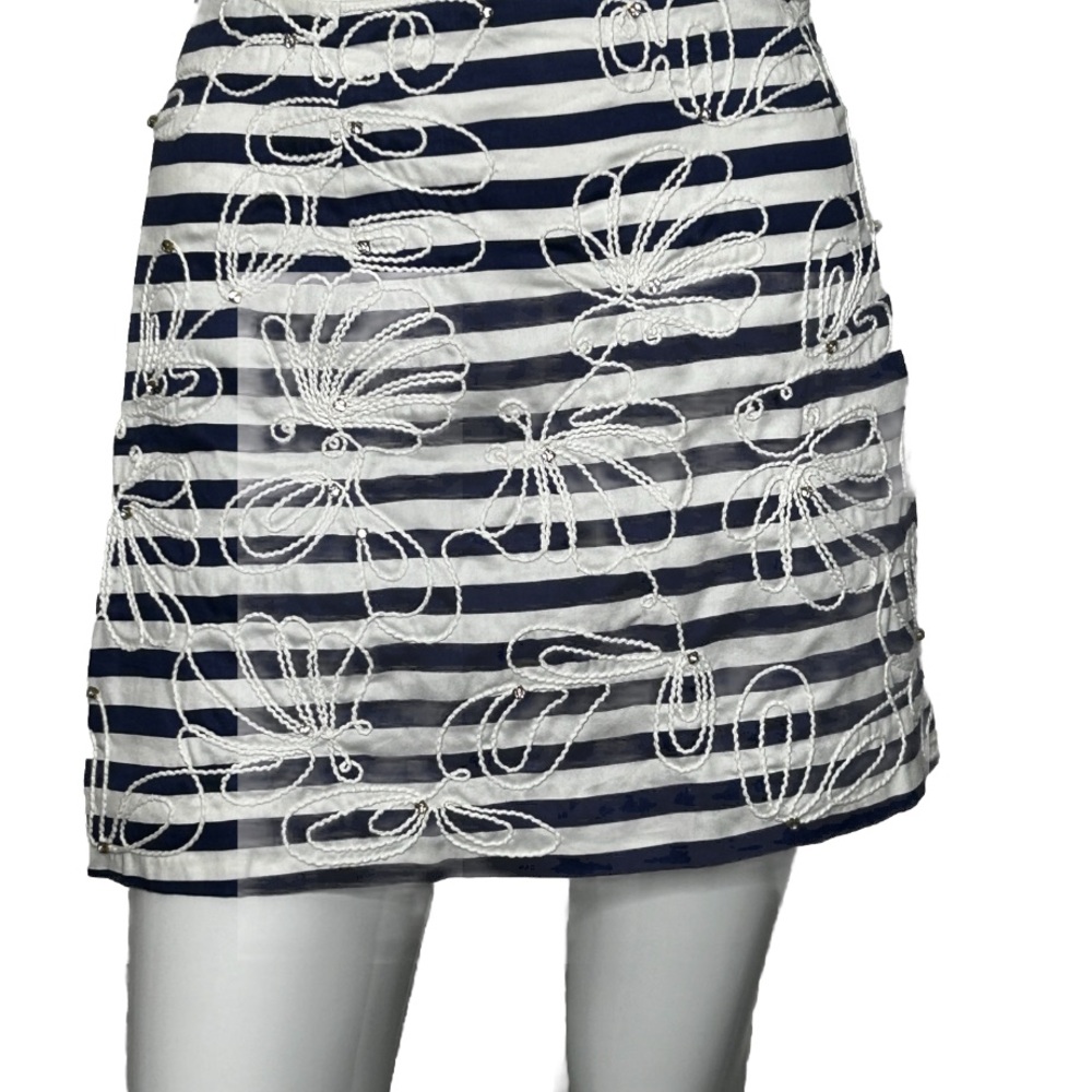Lilly Pulitzer Skirt Embroidered Navy Blue White Stripe Nautical Sz 4 Mini Tate